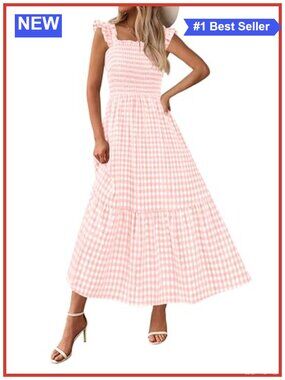 PRETTYGARDEN Women's Midi Sundress Ruffle Strap Square Neck Smocked Waist